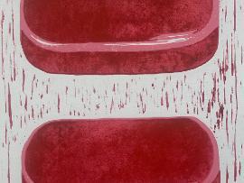 silk screen in red on white paper of pill in repetition